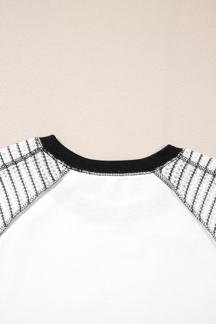 Black Striped Bracelet Sleeve Raglan Patchwork Top - Tops/Long Tops