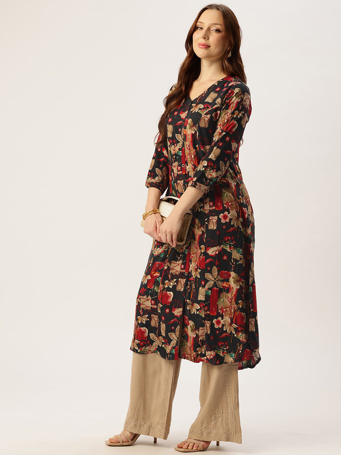 Black V - Neck Floral Printed A - Line Kurta, Black Kurta, Printed Kurta, V- Neck Kurta, Floral Printed