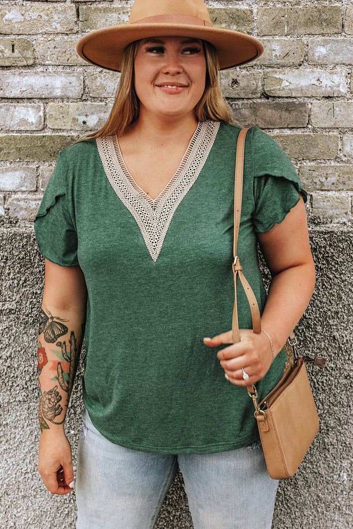 Blackish Green Plus Size Embroidery V Neck Draped Sleeve Blouse - BLACKISH GREEN / 1X / 65% POLYESTER + 30% VISCOSE