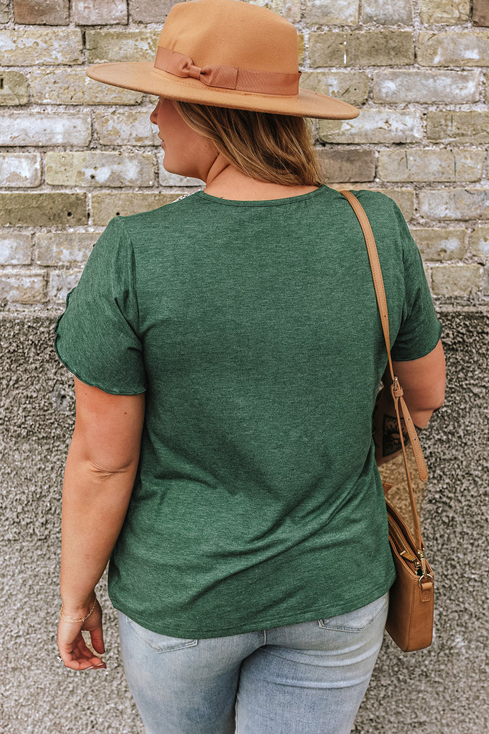 Blackish Green Plus Size Embroidery V Neck Draped Sleeve Blouse - Size/Plus Tops/Plus Blouses & Shirts