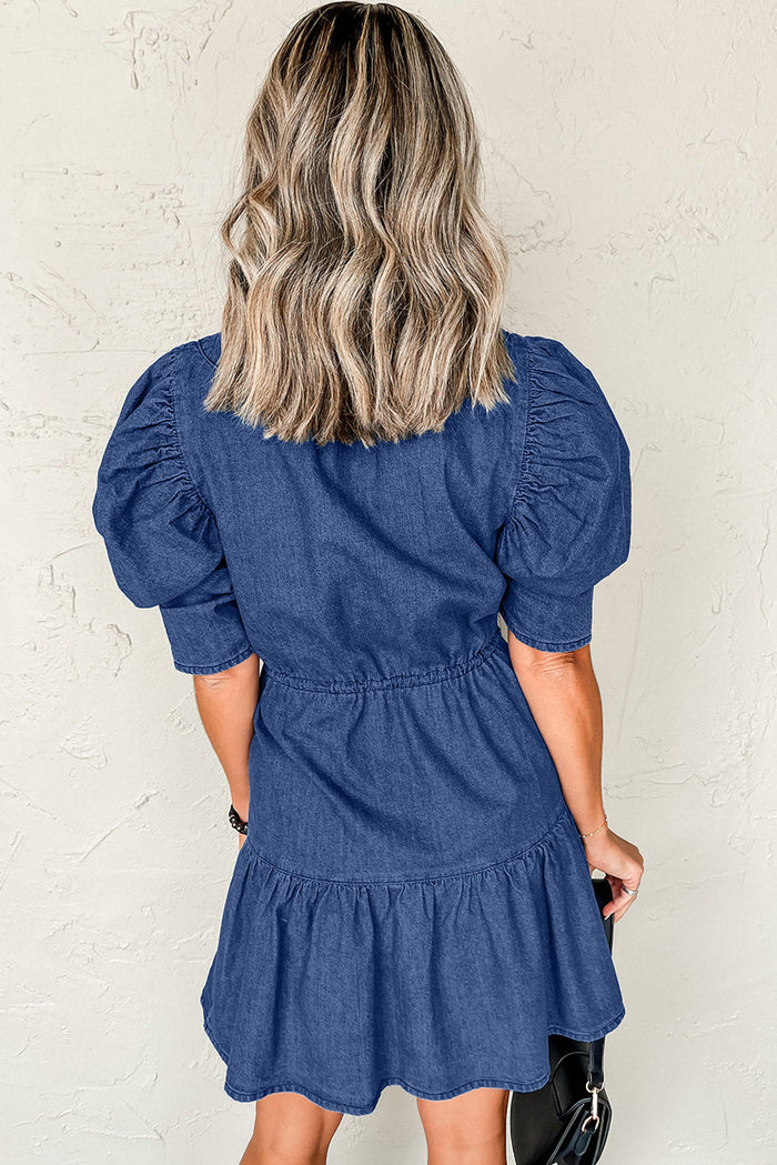 Blue Drawstring High Waist Puff Sleeve Denim Mini Dress - Dresses/Mini Dresses