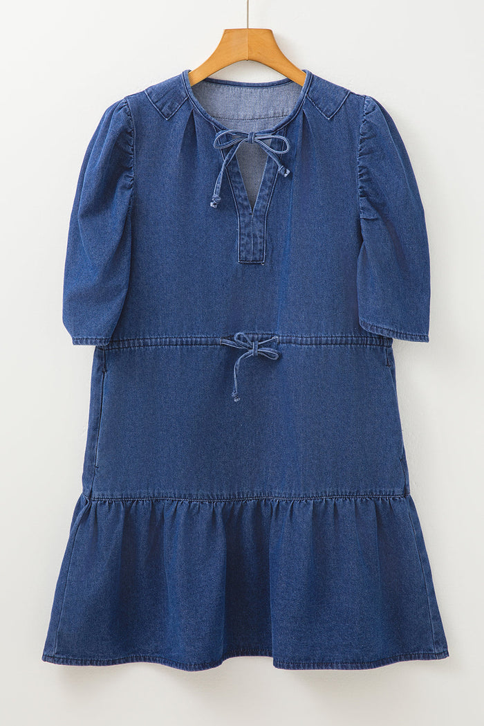 Blue Drawstring High Waist Puff Sleeve Denim Mini Dress - Dresses/Mini Dresses
