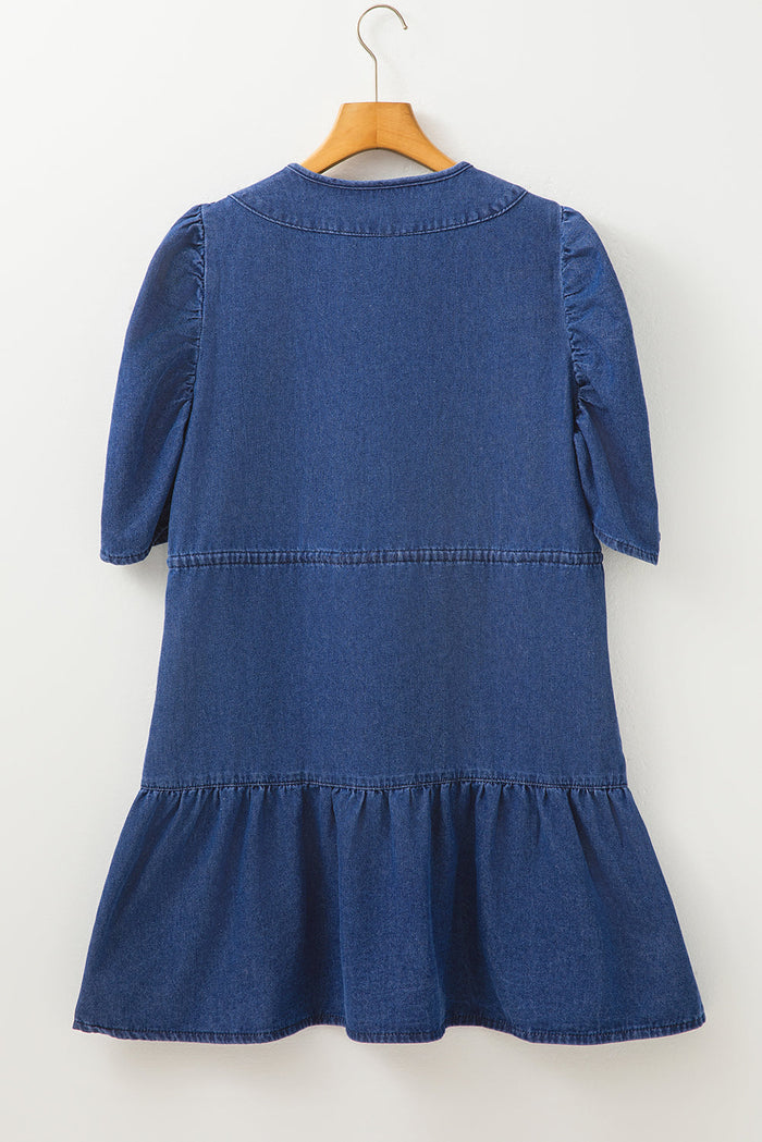 Blue Drawstring High Waist Puff Sleeve Denim Mini Dress - Dresses/Mini Dresses