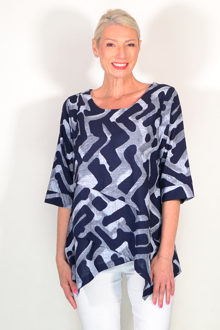 Blue Grey Swirls Linen Cotton Casual Tunic Top