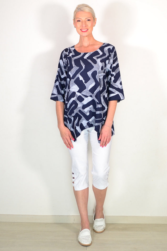 Blue Grey Swirls Linen Cotton Casual Tunic Top