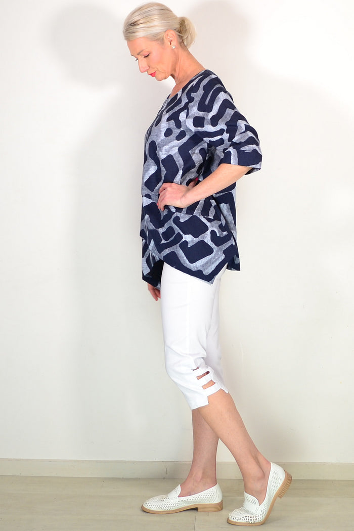 Blue Grey Swirls Linen Cotton Casual Tunic Top