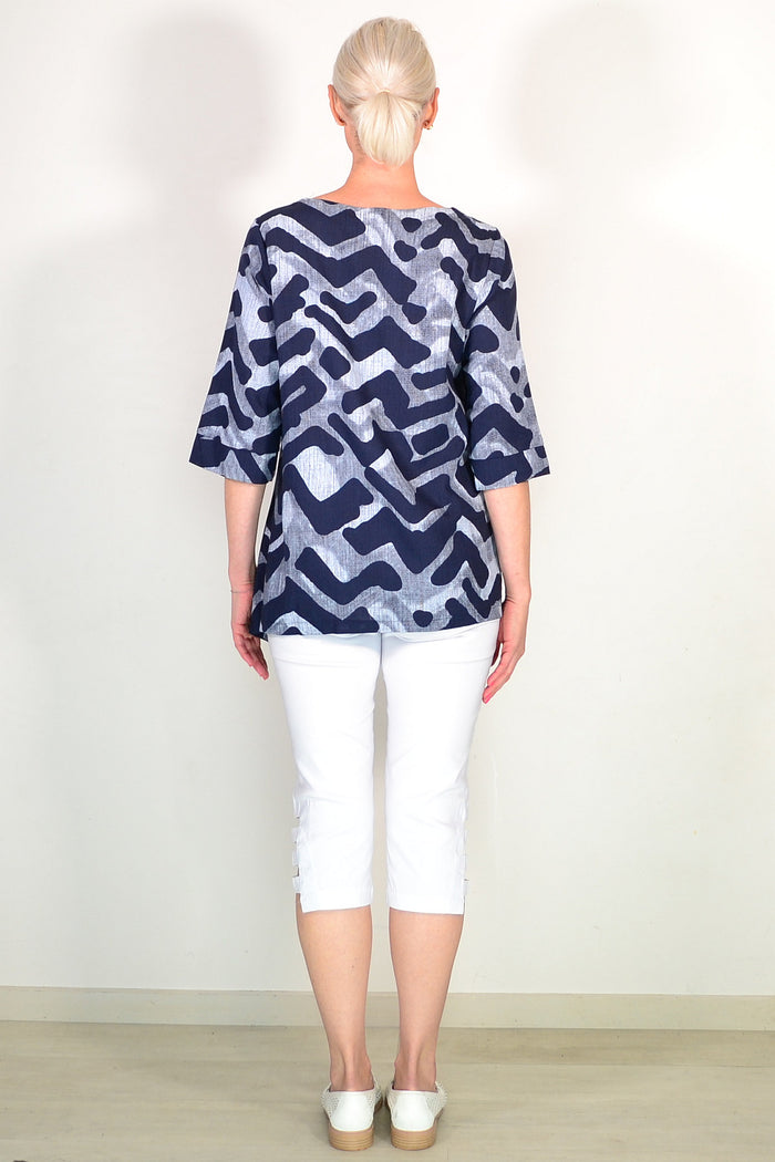 Blue Grey Swirls Linen Cotton Casual Tunic Top