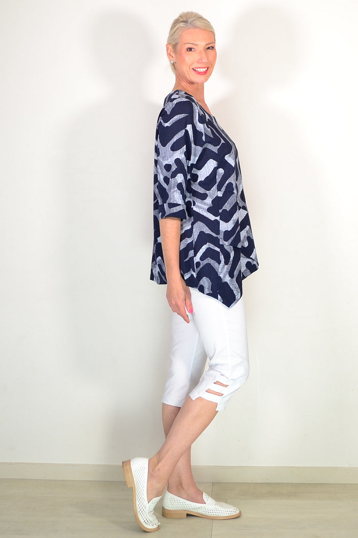Blue Grey Swirls Linen Cotton Casual Tunic Top