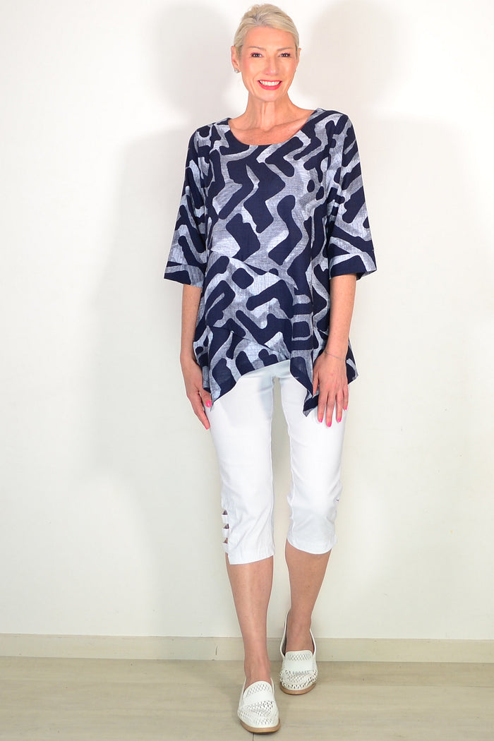 Blue Grey Swirls Linen Cotton Casual Tunic Top
