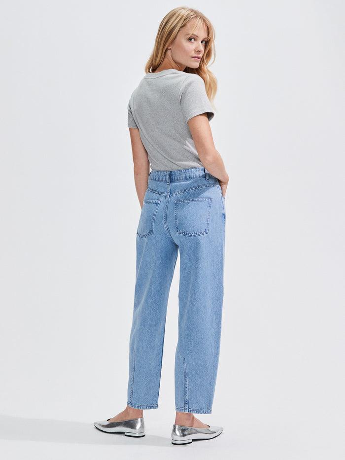 Blue Mid-Rise Barrel Leg Denim Jeans