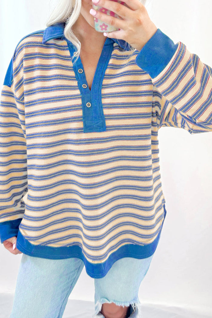 Blue Stripe Buttoned V Neck Collared Drop Shoulder Top - BLUE STRIPE / S / 95% POLYESTER + 5% ELASTANE - Tops/Long