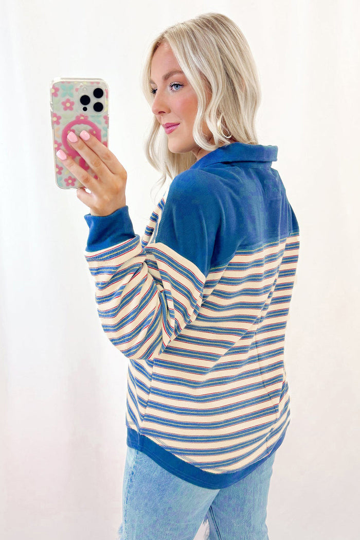 Blue Stripe Buttoned V Neck Collared Drop Shoulder Top - Tops/Long Sleeve Tops