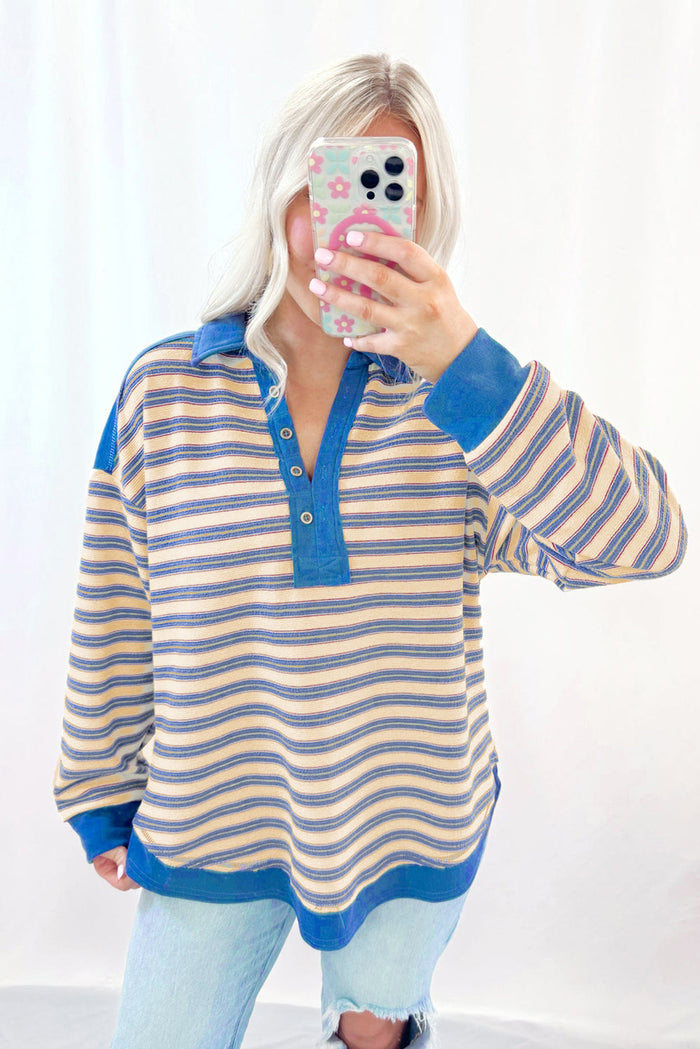 Blue Stripe Buttoned V Neck Collared Drop Shoulder Top - Tops/Long Sleeve Tops
