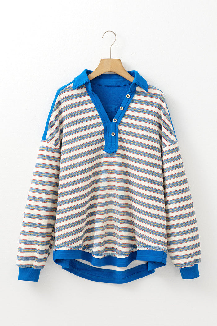 Blue Stripe Buttoned V Neck Collared Drop Shoulder Top - Tops/Long Sleeve Tops