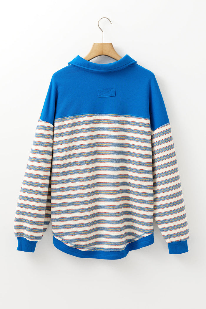 Blue Stripe Buttoned V Neck Collared Drop Shoulder Top - Tops/Long Sleeve Tops