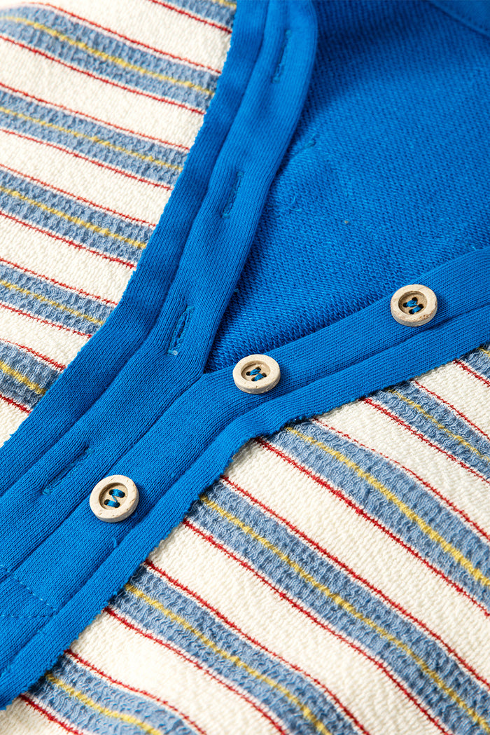 Blue Stripe Buttoned V Neck Collared Drop Shoulder Top - Tops/Long Sleeve Tops
