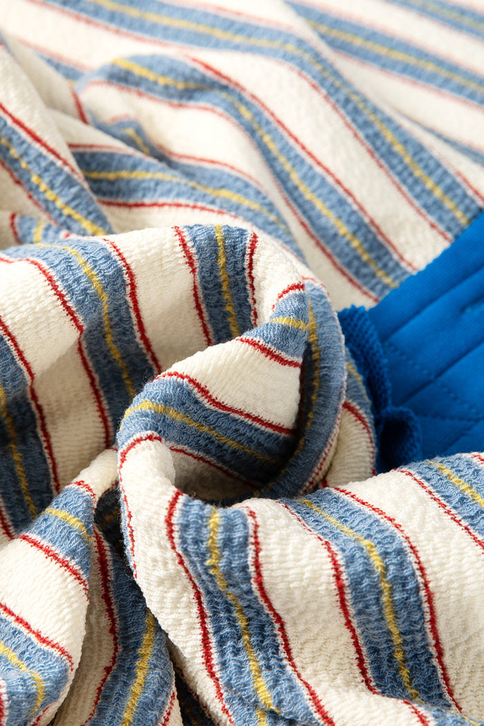 Blue Stripe Buttoned V Neck Collared Drop Shoulder Top - Tops/Long Sleeve Tops