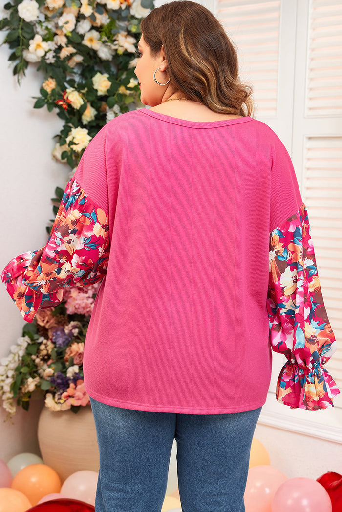 Bright Pink Floral Patchwork Flounce Sleeve Rib Knit Plus Top - Size/Plus Size Tops/Plus Long Tops