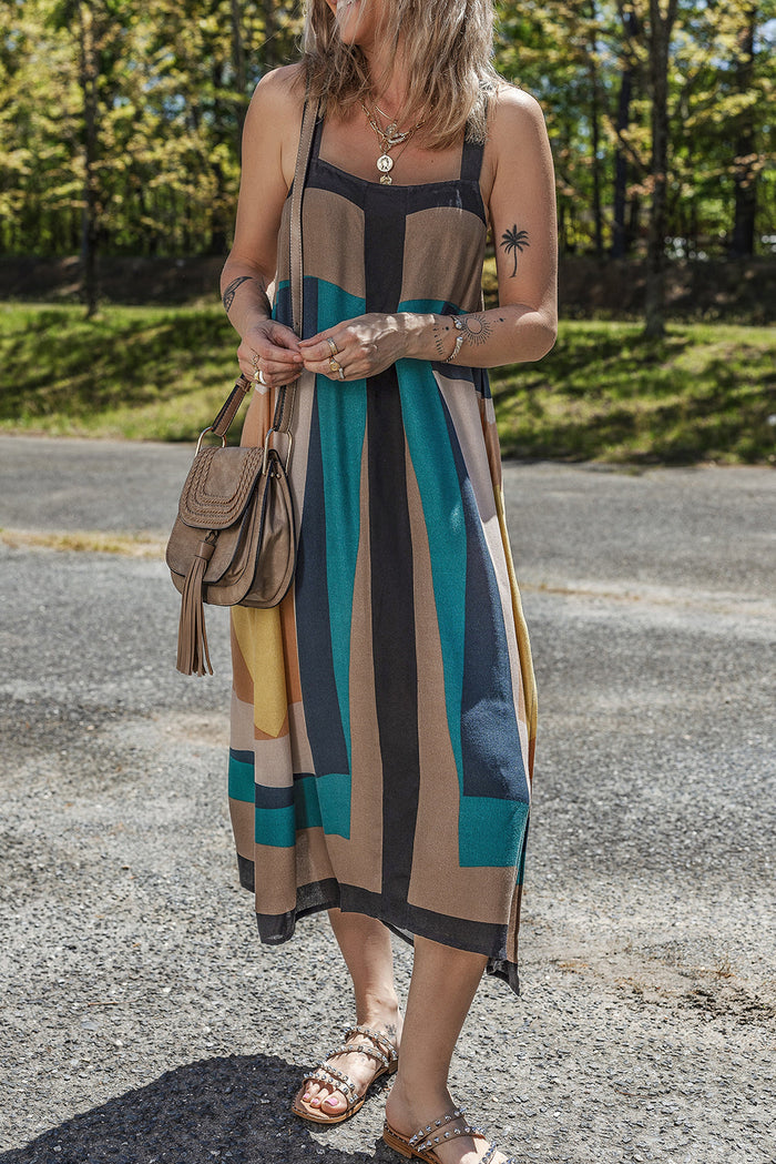 Brown Retro Geometric Printed Y Back Sleeveless Dress - Dresses/Maxi Dresses