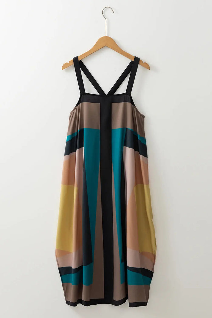 Brown Retro Geometric Printed Y Back Sleeveless Dress - Dresses/Maxi Dresses