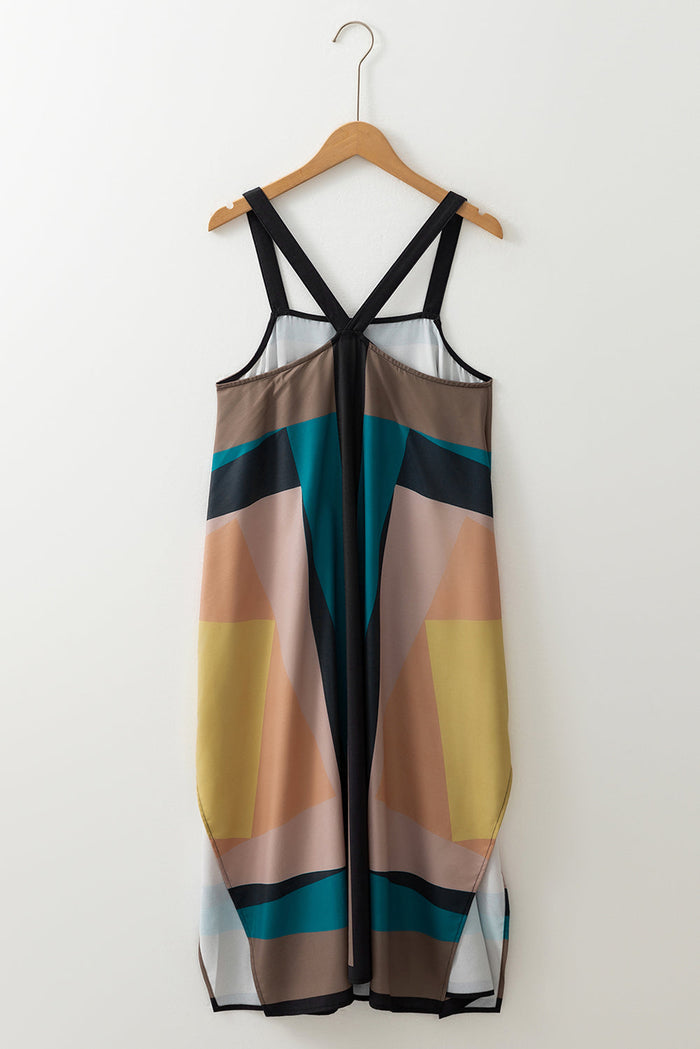 Brown Retro Geometric Printed Y Back Sleeveless Dress - Dresses/Maxi Dresses
