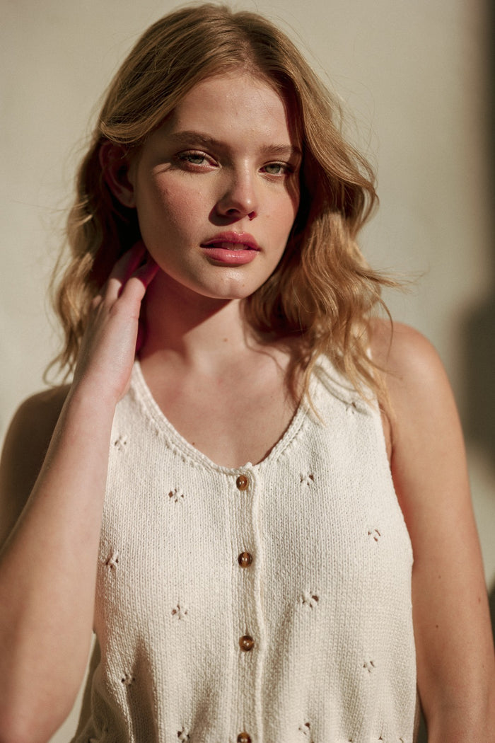 Cher Sleeveless Button Front Knit Top