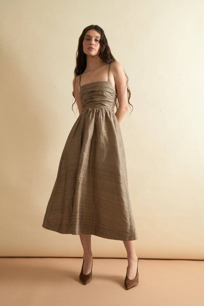 Clementine Dress in Beige Mini Gingham