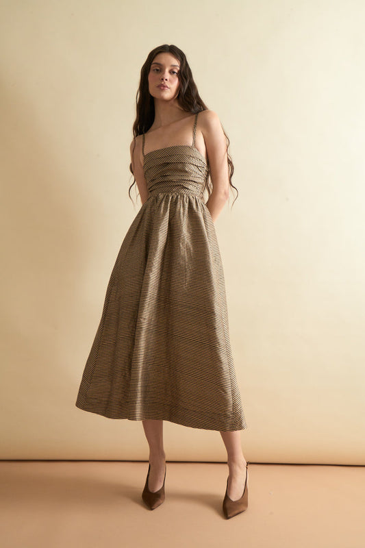 Clementine Dress in Beige Mini Gingham