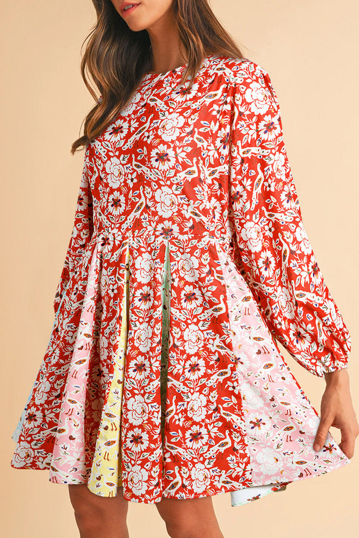 Red Colourful Floral Patchwork Long Sleeve Pleated Mini Dress - RED / S / 100% POLYESTER - Dresses/Floral Dresses