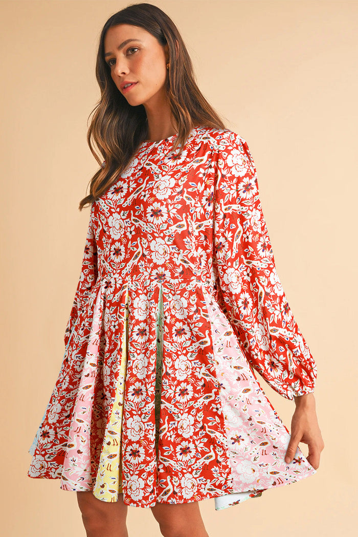 Red Colourful Floral Patchwork Long Sleeve Pleated Mini Dress - Dresses/Floral Dresses