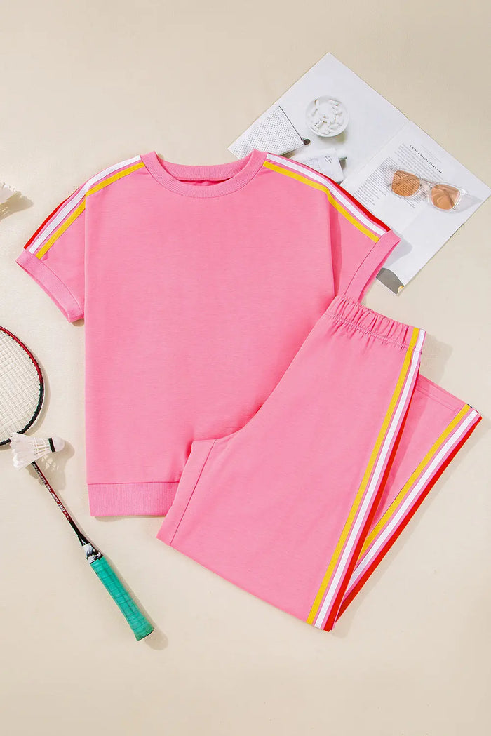 Contrast Crewneck T Shirt and Wide Leg High Waist Trousers Co-ord - Two Piece Sets/Pant Sets