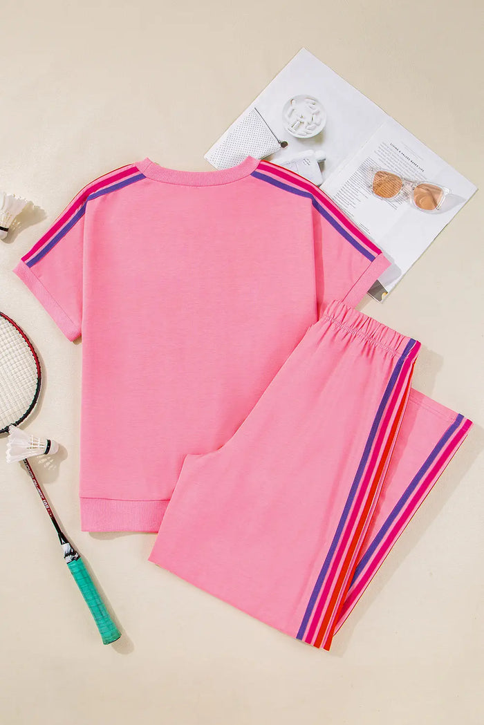 Contrast Crewneck T Shirt and Wide Leg High Waist Trousers Co-ord - Two Piece Sets/Pant Sets