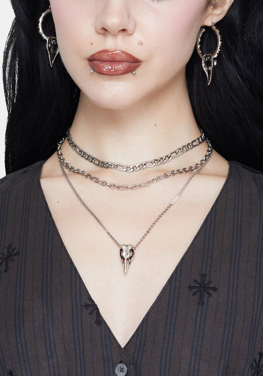 Corvus Bird Skull Layered Necklace