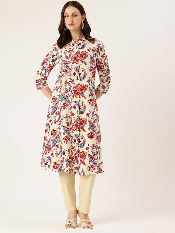 White Floral Printed Kurta, Floral Print, Collar Neck