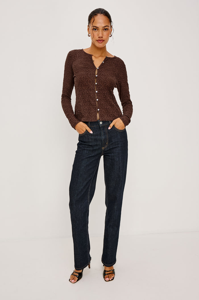Cyrah Cardigan in Sheer Stretch Lace With Fitted Long Sleeves, and Front Button-and-Loop Closures in Walnut Colorway - Full Body Front View Featured on Model
