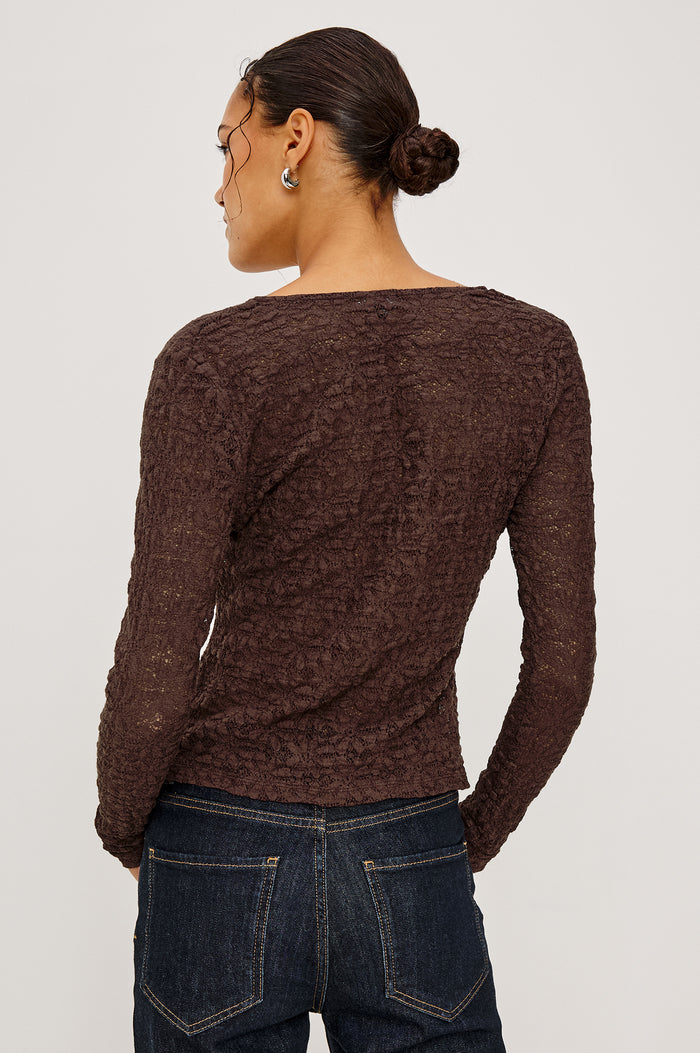 Cyrah Cardigan in Sheer Stretch Lace With Fitted Long Sleeves, and Front Button-and-Loop Closures in Walnut Colorway - Upper Body Back View Featured on Model