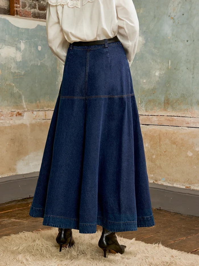 Dark-Blue Denim Flared Maxi Skirt