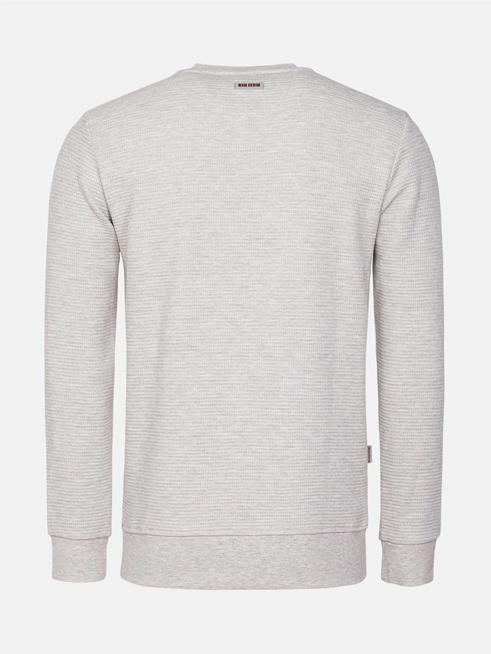 Back view of light grey textured crew neck sweatshirt with ribbed hem and cuffs – Wam Denim.