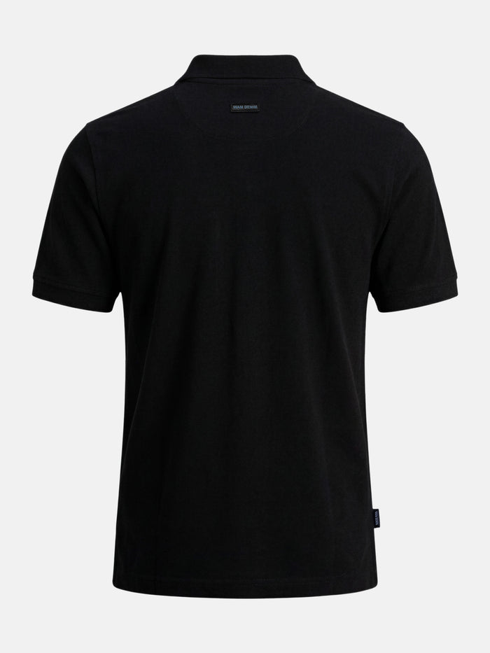 Back view of black zip polo t-shirt, slim fit men’s cotton shirt