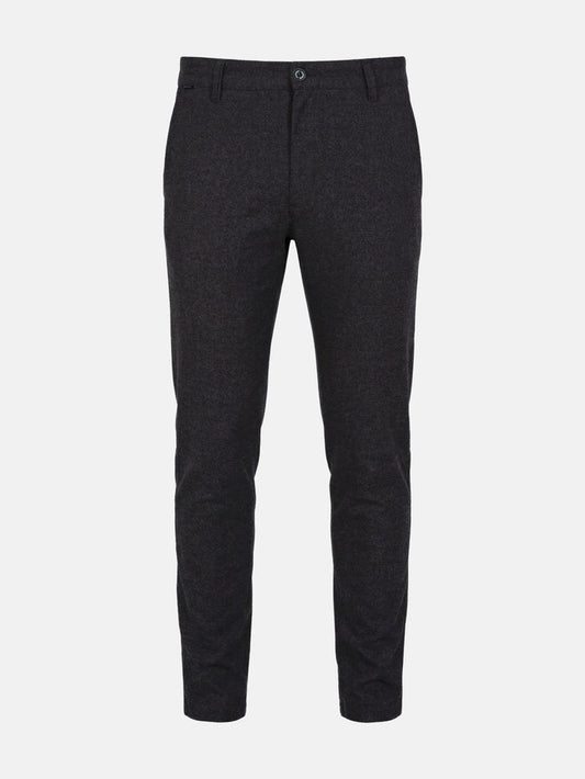 Dark grey men’s chino trousers with slim fit, clean front, and tailored silhouette.