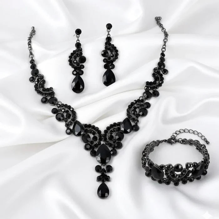 Elegant Black Bridal Jewelry Set | Black Crystal Necklace, Earrings & Bracelet