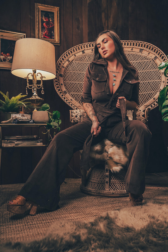 Brown stretch corduroy 70s diva jumpsuit  designed by Soul Sister since 1969