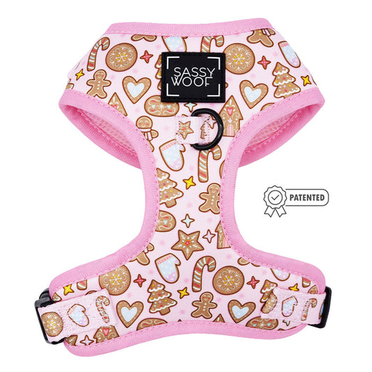 The Dog Adjustable Harness - Dough My Goodness by Sassy Woof features a cute pink cookie print, blending charm and comfort for pups with a sweet side—perfect for every walk.
