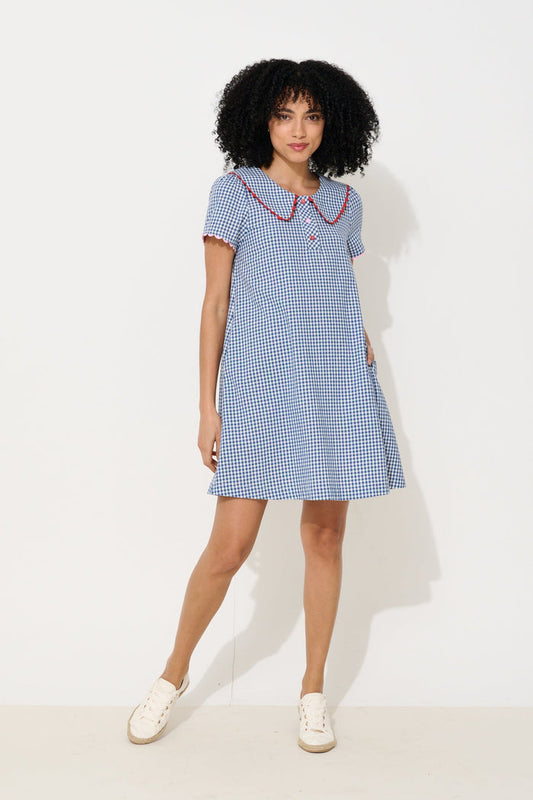Dot Gingham Ric Rac Trim Statement Collar Mini Dress - Blue - Bascora