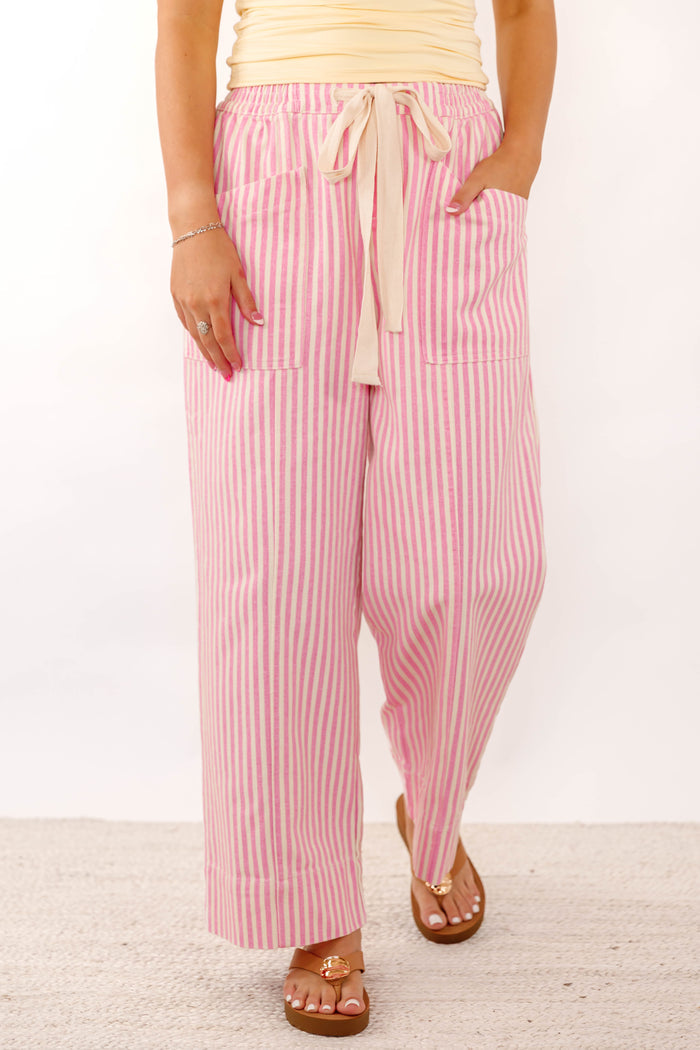 Pink Striped Wide Leg Drawstring Pants- Women's Pink Denim Pants- &Merci Striped Denim
