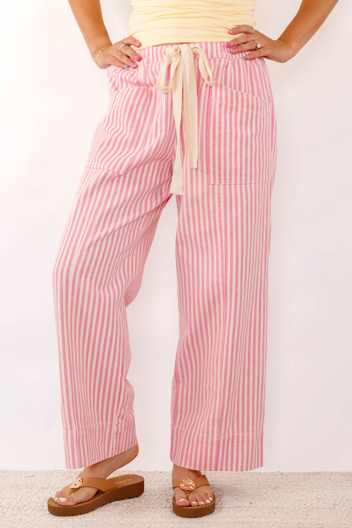 Pink Striped Wide Leg Drawstring Pants- Women's Pink Denim Pants- &Merci Striped Denim