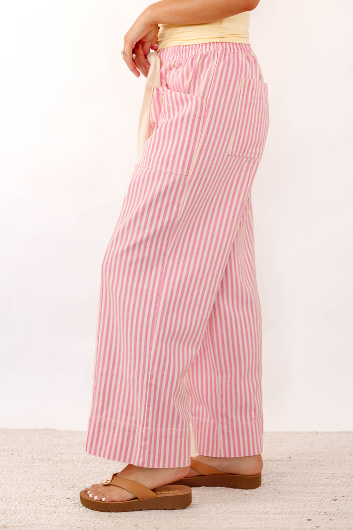 Pink Striped Wide Leg Drawstring Pants- Women's Pink Denim Pants- &Merci Striped Denim