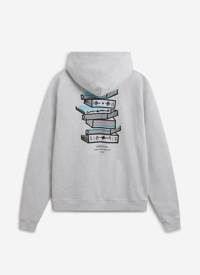 The back of the grey cotton Duke hoodie from Percival, showing the hand-drawn 'Routine Critical Daily Goods' book graphic.