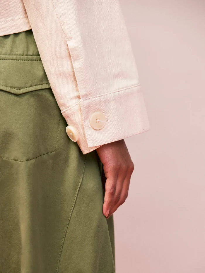 Ecru cotton twill denim jacket cuff and sleeve detail