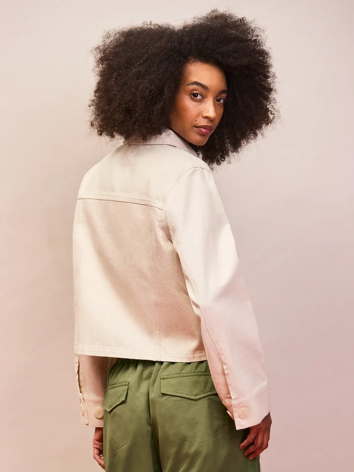 Ecru cotton twill cropped denim jacket back view